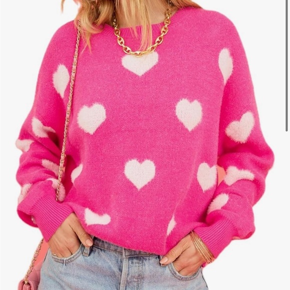 Amazon Pink Crew Neck Sweater with Heart Pattern - Picture 1 of 3